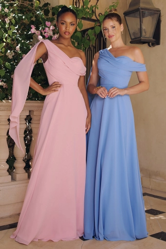 Amoris T716   One-Shoulder Draped A-Line Gown for Formal Occasions #13 Dusty Rose Cornflower Blue frontface vertical thumbnail