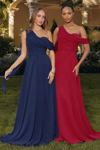 Amoris T716   One-Shoulder Draped A-Line Gown for Formal Occasions #12 Navy frontface vertical thumbnail