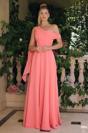 Amoris T716   One-Shoulder Draped A-Line Gown for Formal Occasions #6 Soft Coral frontface vertical thumbnail