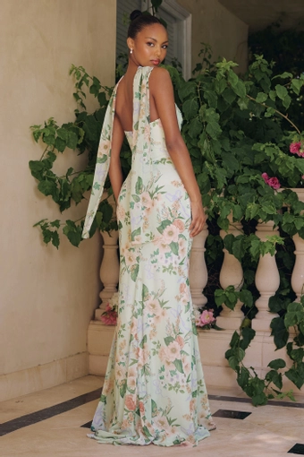 Amoris T718   Floral Chiffon Fit-and-Flare Strapless Gown #3 Sage backface vertical thumbnail