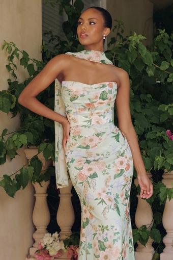 Amoris T718   Floral Chiffon Fit-and-Flare Strapless Gown #5 Sage frontface vertical cropped thumbnail