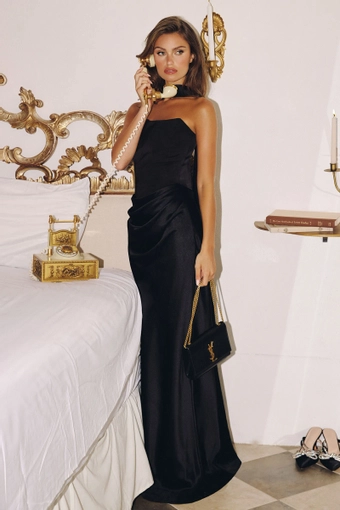 Amoris T816   Elegant Strapless Gown with Detachable Scarf & Corset Back #7 Black frontface vertical thumbnail