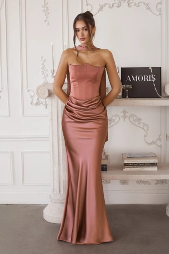 Amoris T816   Elegant Strapless Gown with Detachable Scarf & Corset Back #2 Rosewood frontface vertical thumbnail