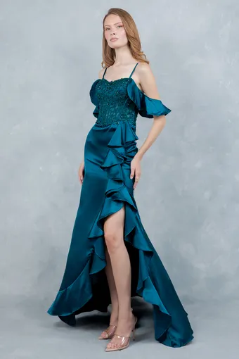 Cinderella Couture 8461J Embo Lace Ruffle Satin #1 frontface vertical thumbnail