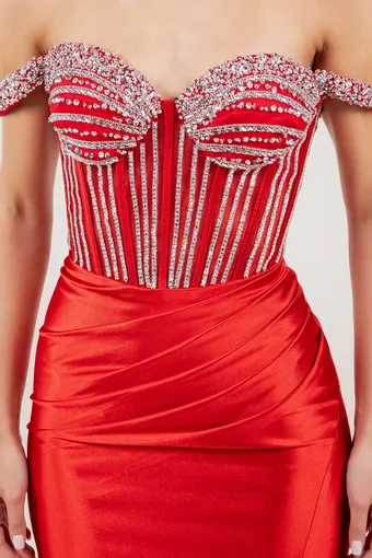 Cinderella Couture 8514J Rhinestone Off Shoulder Sleeve Satin #7 frontface vertical cropped thumbnail