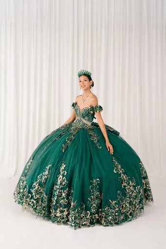 Cinderella Couture 8420JQ Gold 3D Applique Florals And Beads On Tulle #1 frontface vertical thumbnail