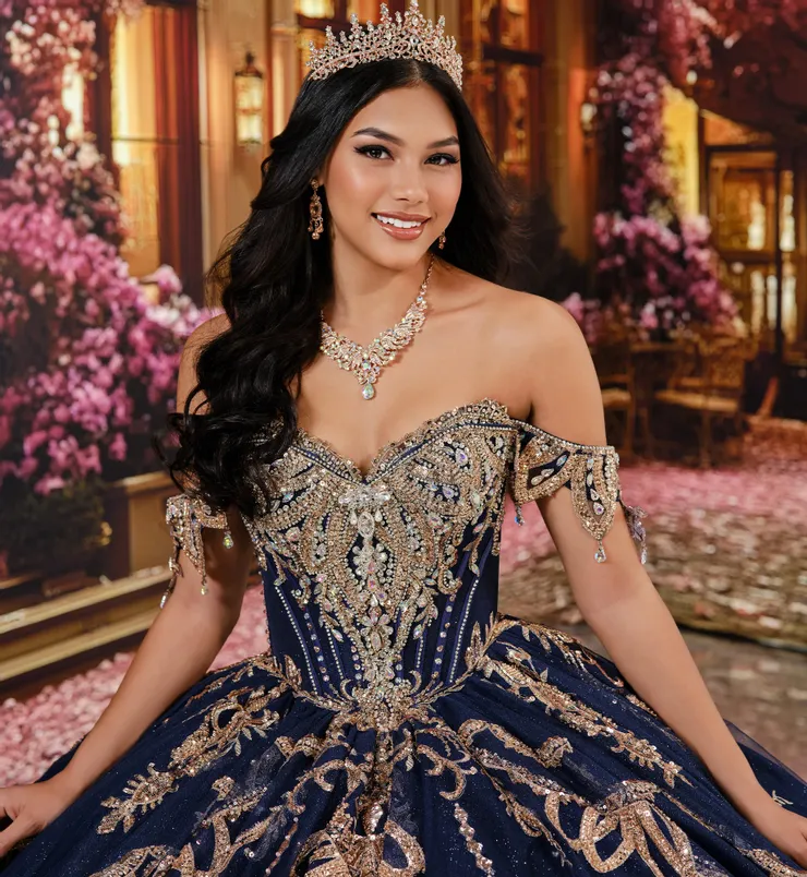 Princesa by Ariana Vara Style #PR30248 #5 Navy Blue/Rose Gold frontface vertical cropped picture