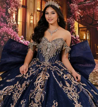 Princesa by Ariana Vara Style #PR30248 #4 Navy Blue/Rose Gold frontface vertical cropped thumbnail