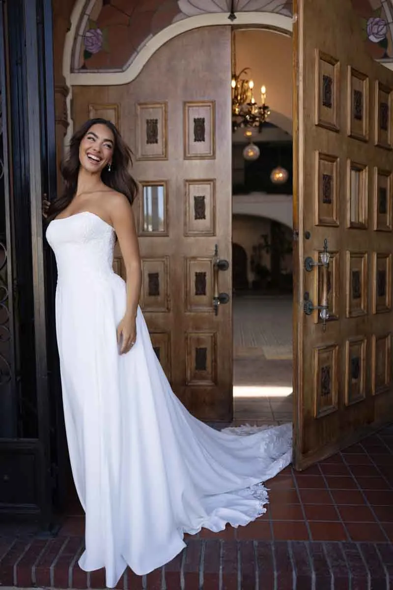 fit and flare lace wedding dress with sweetheart neckline 2020 Fit&Flare Satin Wedding Gown Lace Illusion Long Sleeves –  loveangeldress main image 1