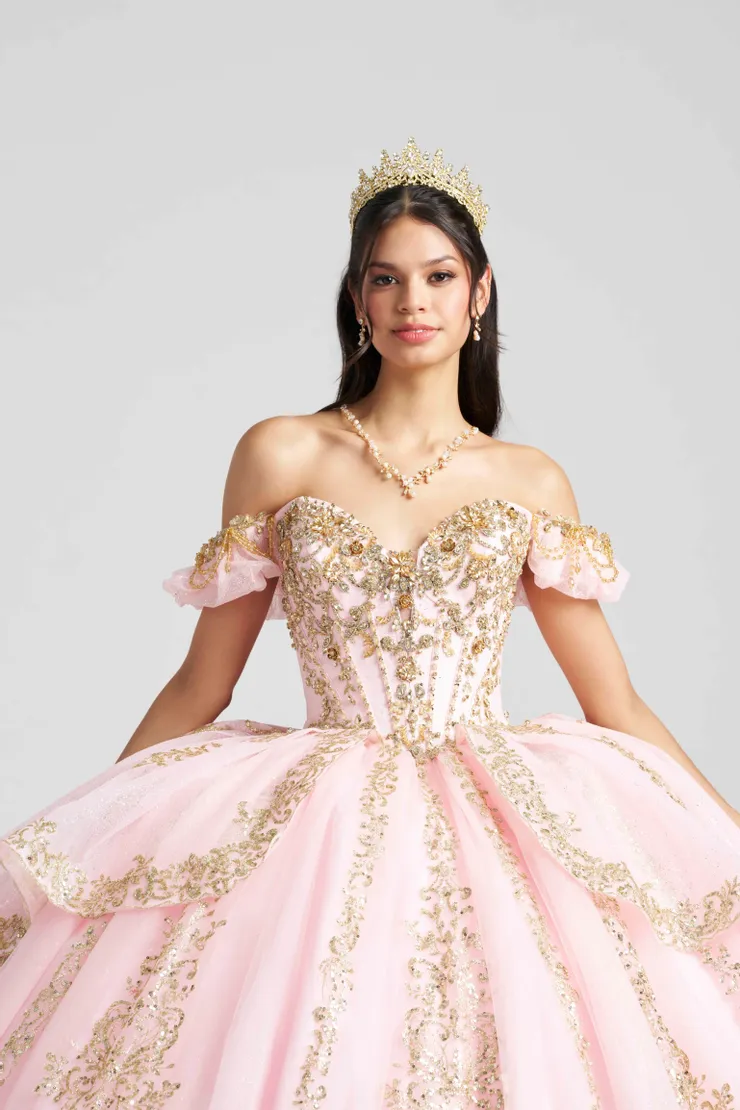 AmaBella Quinceanera Style #Q1113 #13 Light Pink/Gold frontface vertical cropped picture