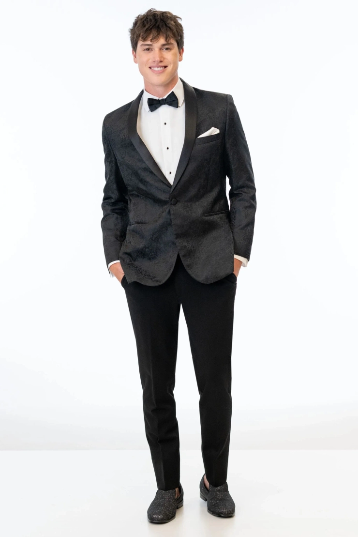 Jim's Formal Wear Black Paisley Slim Fit Tuxedo Coat #1 frontface vertical picture