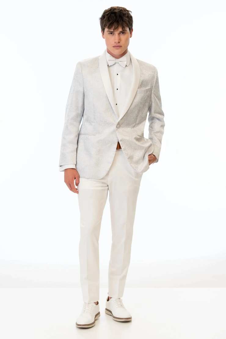 Jim's Formal Wear Style #White-Silver Paisley Slim Fit Tuxedo Coat Default Thumbnail Image