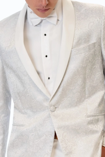 Jim's Formal Wear Style #White-Silver Paisley Slim Fit Tuxedo Coat #3 frontface vertical cropped thumbnail