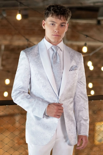 Jim's Formal Wear Style #White-Silver Paisley Slim Fit Tuxedo Coat #2 frontface vertical cropped thumbnail