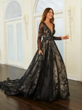 Adrianna Papell Platinum 31205  Lace Long Sleeve Plunging A-line Wedding Dress #1 frontface vertical thumbnail