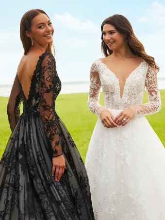 Adrianna Papell Platinum 31205  Lace Long Sleeve Plunging A-line Wedding Dress #9 frontface backface vertical cropped thumbnail