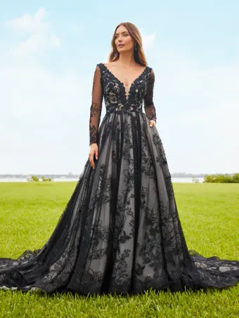 Adrianna Papell Platinum 31205  Lace Long Sleeve Plunging A-line Wedding Dress #3 frontface vertical thumbnail