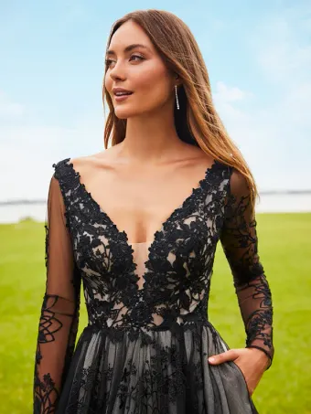 Adrianna Papell Platinum 31205  Lace Long Sleeve Plunging A-line Wedding Dress #8 frontface vertical cropped thumbnail