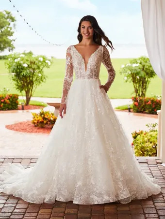 Adrianna Papell Platinum 31205  Lace Long Sleeve Plunging A-line Wedding Dress #0 default frontface vertical thumbnail