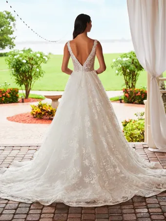 Adrianna Papell Platinum 31205  Lace Long Sleeve Plunging A-line Wedding Dress #4 default backface vertical thumbnail