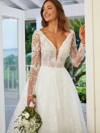 Adrianna Papell Platinum 31205  Lace Long Sleeve Plunging A-line Wedding Dress #7 frontface vertical cropped thumbnail