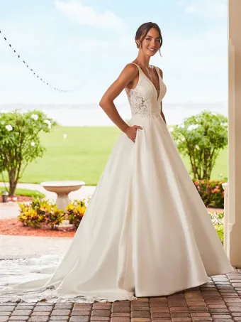 Adrianna Papell Platinum 31215  A-line Plunging Wedding Dress with Lace Appliques & Pockets #0 default frontface vertical thumbnail