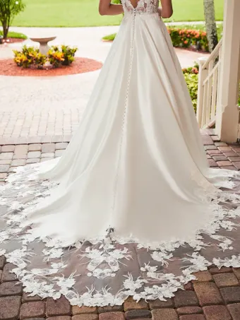 Adrianna Papell Platinum 31215  A-line Plunging Wedding Dress with Lace Appliques & Pockets #3 backface vertical cropped thumbnail