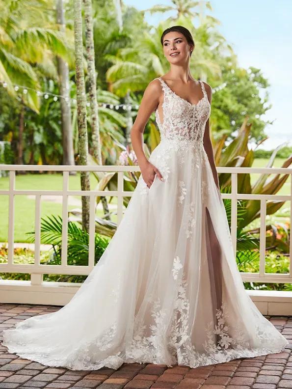 Adrianna Papell Platinum 31219 A-line Lace Wedding Dress with Slit and Pockets