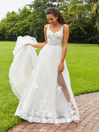 Adrianna Papell Platinum 31219  A-line Lace Wedding Dress with Slit and Pockets #1 frontface vertical thumbnail