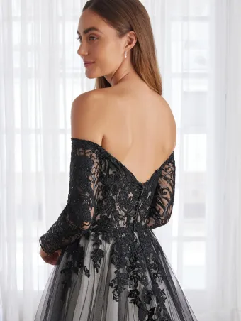 Adrianna Papell Platinum 31225  A-line Wedding Dress with Lace Off-Shoulder Sleeves #6 backface vertical cropped thumbnail