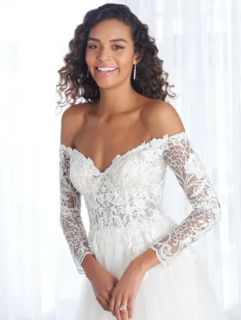 Adrianna Papell Platinum 31225  A-line Wedding Dress with Lace Off-Shoulder Sleeves #5 frontface vertical cropped thumbnail