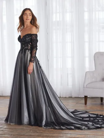 Adrianna Papell Platinum 31225  A-line Wedding Dress with Lace Off-Shoulder Sleeves #1 frontface vertical thumbnail