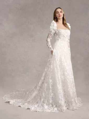Adrianna Papell Platinum 31270  A-line Lace Wedding Dress with Square Neck Long Sleeves #0 default frontface vertical thumbnail
