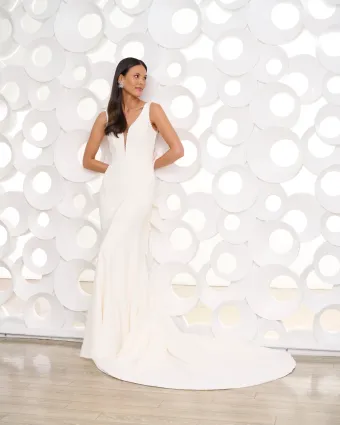 Adrianna Papell Platinum 31273  Sleek Plunging Neckline Wedding Dress with Train #5 frontface vertical cropped thumbnail