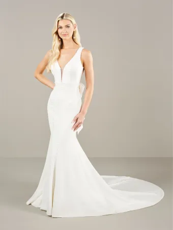 Adrianna Papell Platinum 31273  Sleek Plunging Neckline Wedding Dress with Train #1 frontface vertical thumbnail