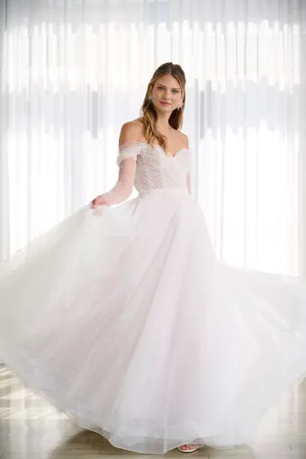 Adrianna Papell Platinum 31278  A-line Off-shoulder Wedding Dress with Beading & Bow Detail #6 frontface vertical cropped thumbnail