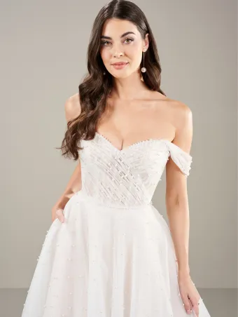 Adrianna Papell Platinum 31278  A-line Off-shoulder Wedding Dress with Beading & Bow Detail #5 frontface vertical cropped thumbnail