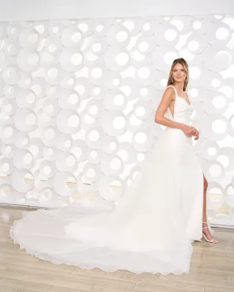 Adrianna Papell Platinum 31283  Elegant Scoop Neck Wedding Dress with Detachable Train #1 frontface vertical thumbnail