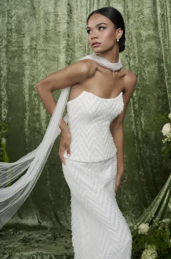 Adrianna Papell Platinum 31350  Beaded Fit-and-Flare Wedding Dress #4 frontface vertical cropped thumbnail