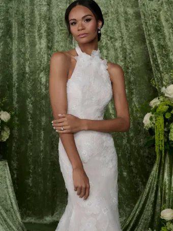 Adrianna Papell Platinum 31352  Lace Halter Fit-and-Flare Wedding Dress #3 frontface vertical cropped thumbnail