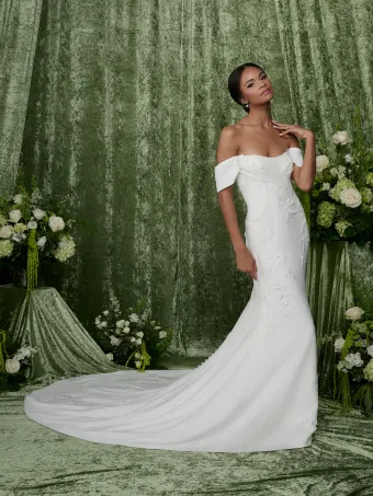 Adrianna Papell Platinum 31355  Fit-and-Flare Wedding Dress with Off-Shoulder Neckline #0 default frontface vertical thumbnail