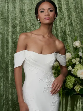 Adrianna Papell Platinum 31355  Fit-and-Flare Wedding Dress with Off-Shoulder Neckline #3 frontface vertical cropped thumbnail