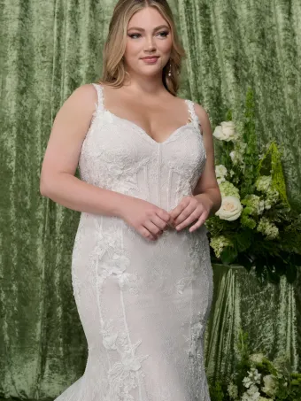 Adrianna Papell Platinum 31359W  Lace Trumpet Wedding Dress with Train #2 frontface vertical cropped thumbnail