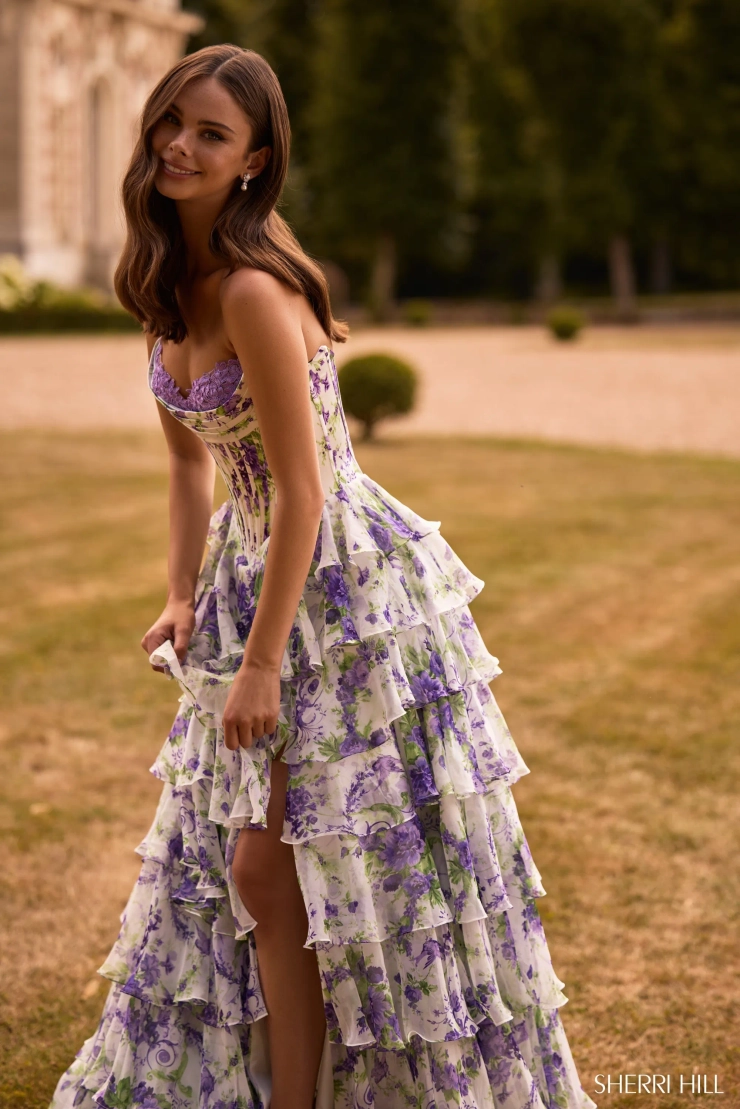 Sherri Hill 57692 #3 Ivory/Purple/Green Print vertical cropped picture