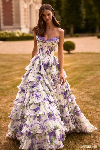 Sherri Hill 57692 $1 Ivory/Purple/Green Print frontface vertical thumbnail