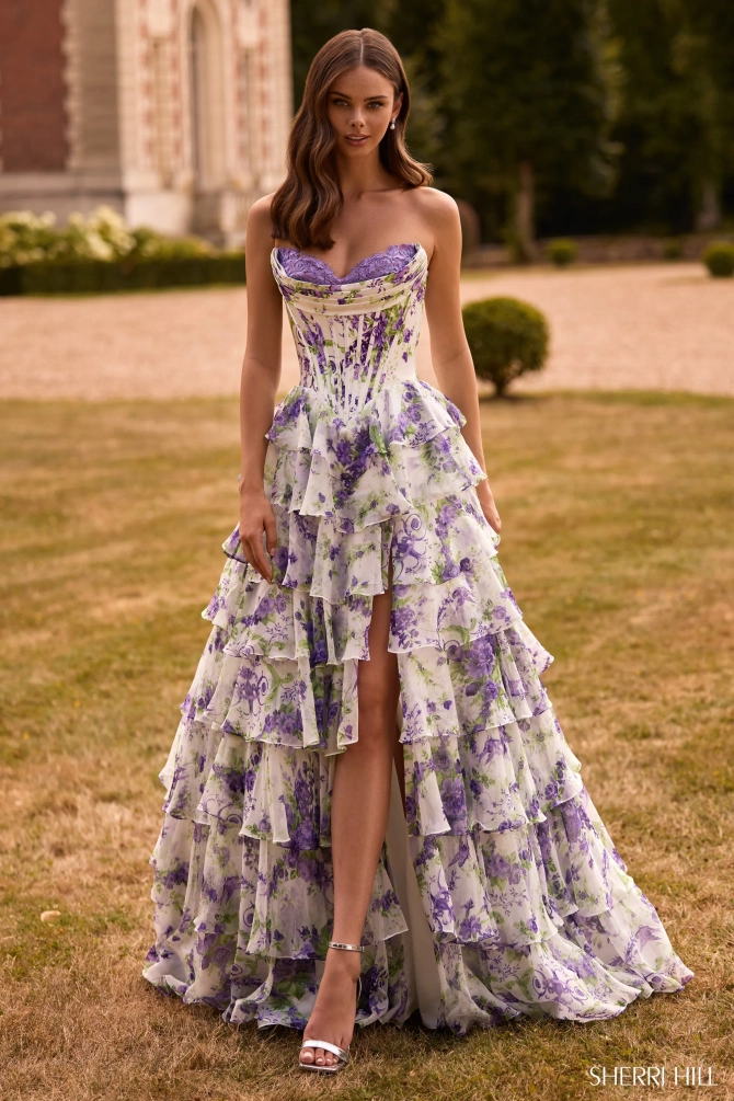 purple and white flower dress Ava Presley 47145 Long Floral Print Ball Gown Ruffle Prom White/Lilac Sizes Sherri Hill 57692