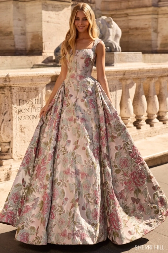 Sherri Hill 57812 $0 default green/coral print frontface vertical thumbnail