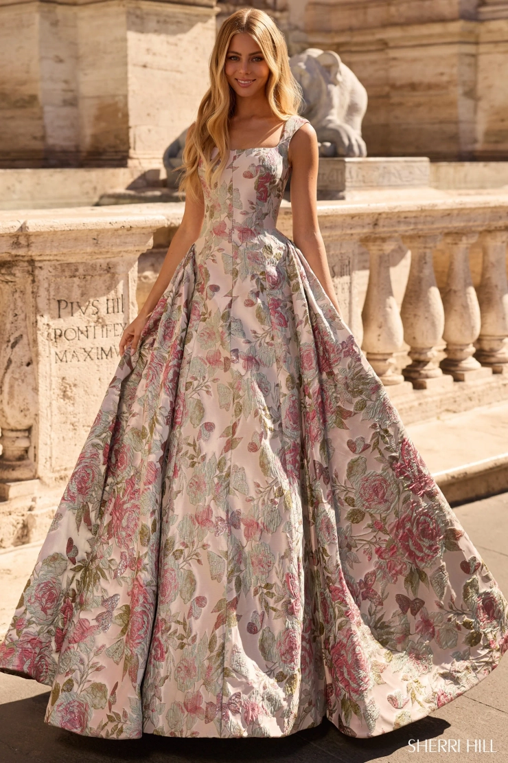 Sherri Hill 57812 #0 default green/coral print frontface vertical picture