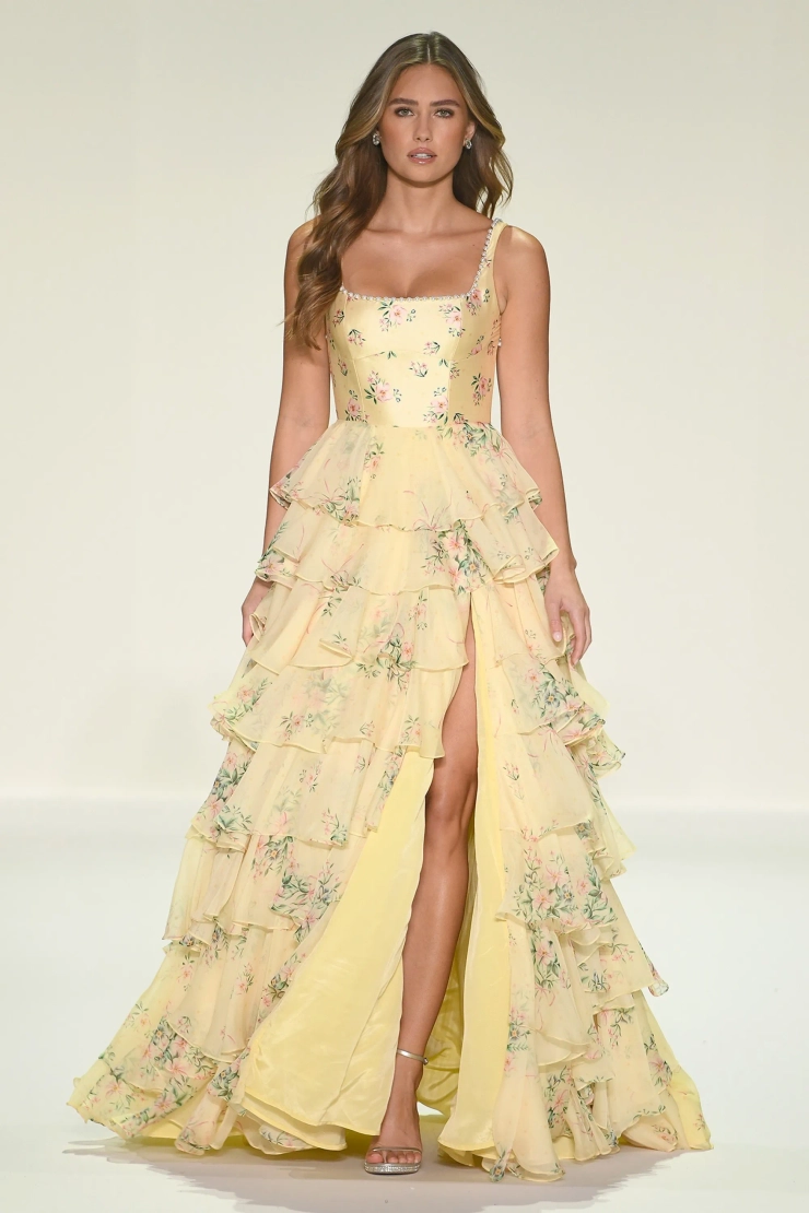 Sherri Hill 57911 #0 default Light Yellow Print frontface vertical picture