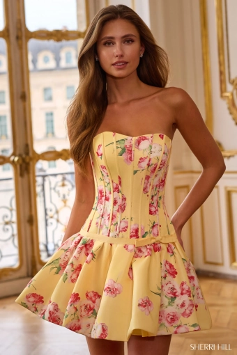 Sherri Hill 58179 $1 Light Yellow Print frontface vertical thumbnail